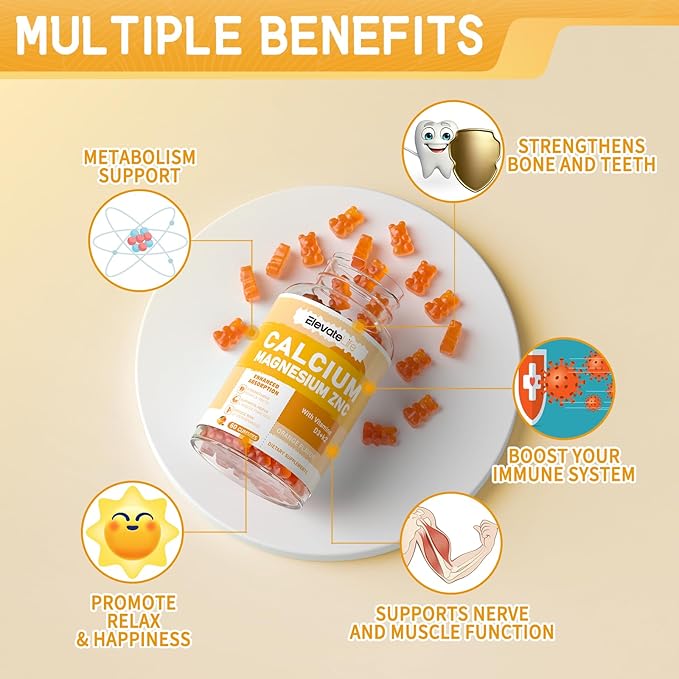 Calcium Magnesium Zinc Gummies with Vitamin D3 & K2 - High Potency Enhanced Absorption -120 Orange Gummies Flavored