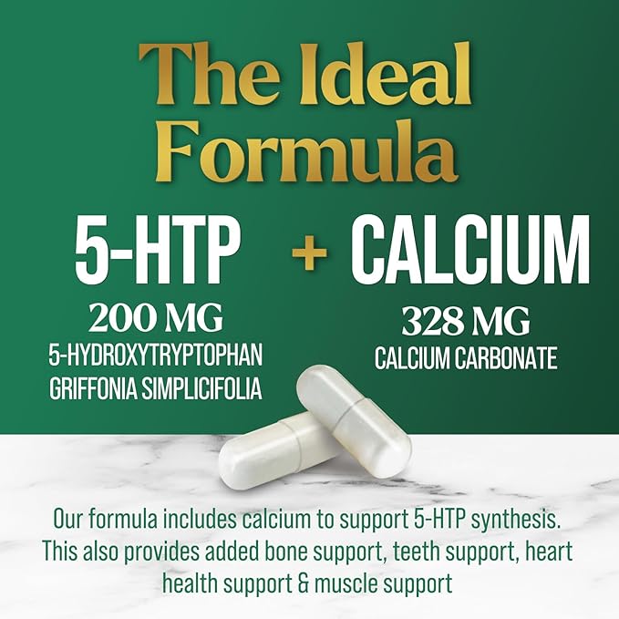 5 HTP Supplement Vegetarian Capsules 200mg 5HTP Plus Calcium for Brain Support - Extra Strength Griffonia Simplicifolia 5-HTP Formula - 5 Hydroxytryptophan - Gluten Free & Non-GMO - 60 Capsules