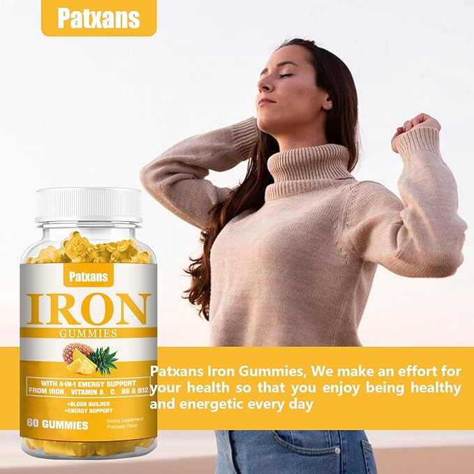 1 Pack 100MG Iron Supplement Gummies for Women & Men - with Vitamin A, C, B - Blood Builder ＆ Energy Support for Iron Deficiency, Anemia, Adults ＆ Children, Vegan, Pineapple Flavor Gummy, 60ct
