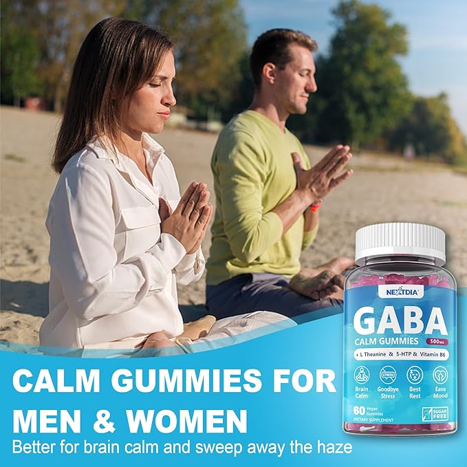 GABA Gummies 500 mg - Sugar-Free Calm Gummies with L Theanine, 5-HTP, Vitamins D3, B12, Ashwagandha, Melatonin-Free for Brain Calm, Mood, Zzz Better, GABA Supplement for Adult, Blueberry Flavor, Vegan