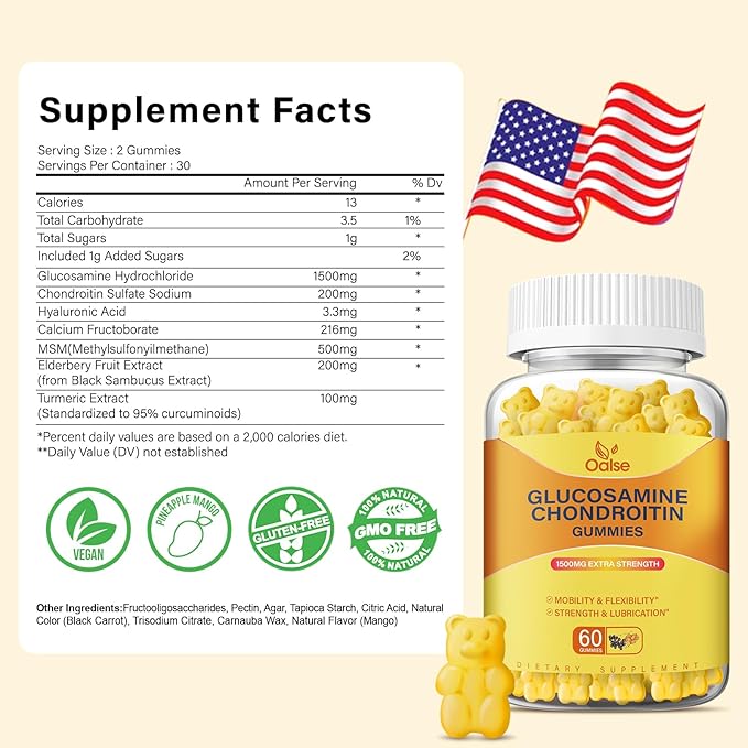 Vegan Glucosamine Chondroitin Gummies, Support Supplement for Adults Men & Women, 1500mg Extra Strength Glucosamine with Chondroitin MSM Turmeric Elderberry for Health