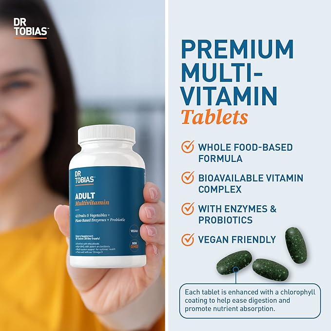 Dr. Tobias Adult Multivitamin for Women & Men, Energy & Immune Support from 42 Fruits & Vegetables Plus Probiotics, Comprehensive Daily Multivitamins for Men & Women, Non-GMO, 180 Tablets, 60 Servings