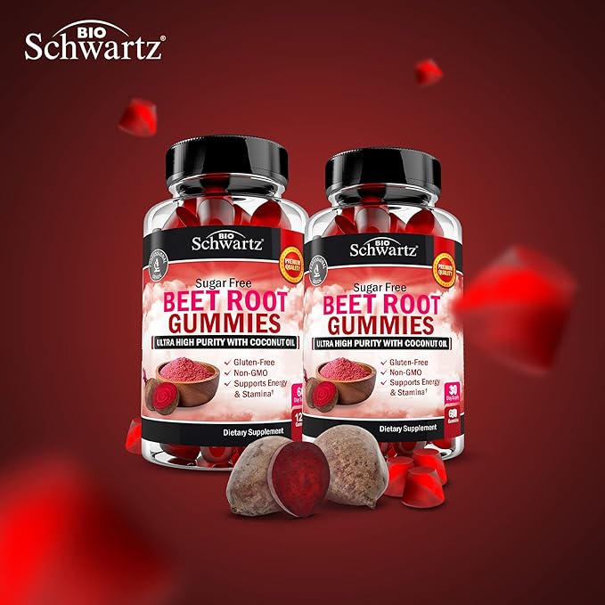 Sugar Free Beet Root Gummies - Nitric Oxide Beet Chews Infused with Coconut Oil for Highest Absorption - Supports Energy & Whole Body Health - Delicious Strawberry Flavor - 60 Count (30 Day Supply)
