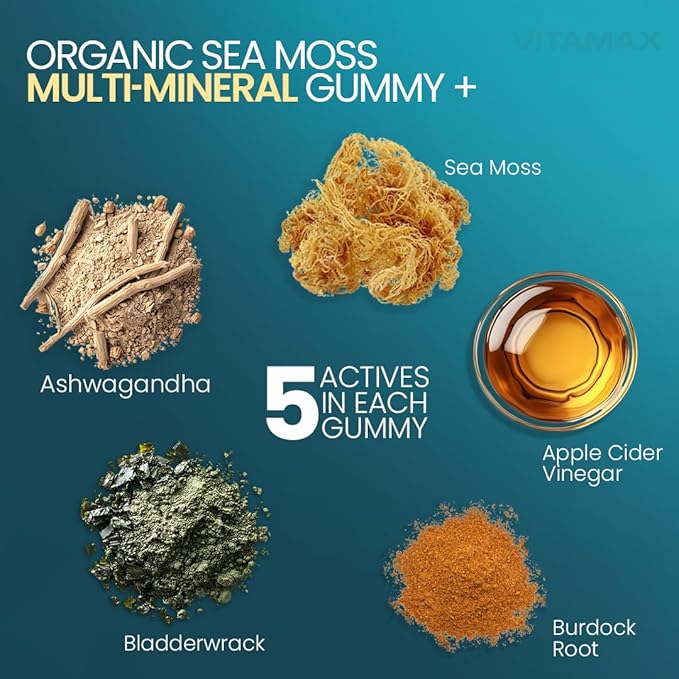 Irish Sea Moss Gummies, Sea Moss 3000mg, Bladderwrack 2000mg, Ashwagandha 800mg, Burdock Root 400mg, ACV, Non-GMO and Vegan – Made in USA – 60ct