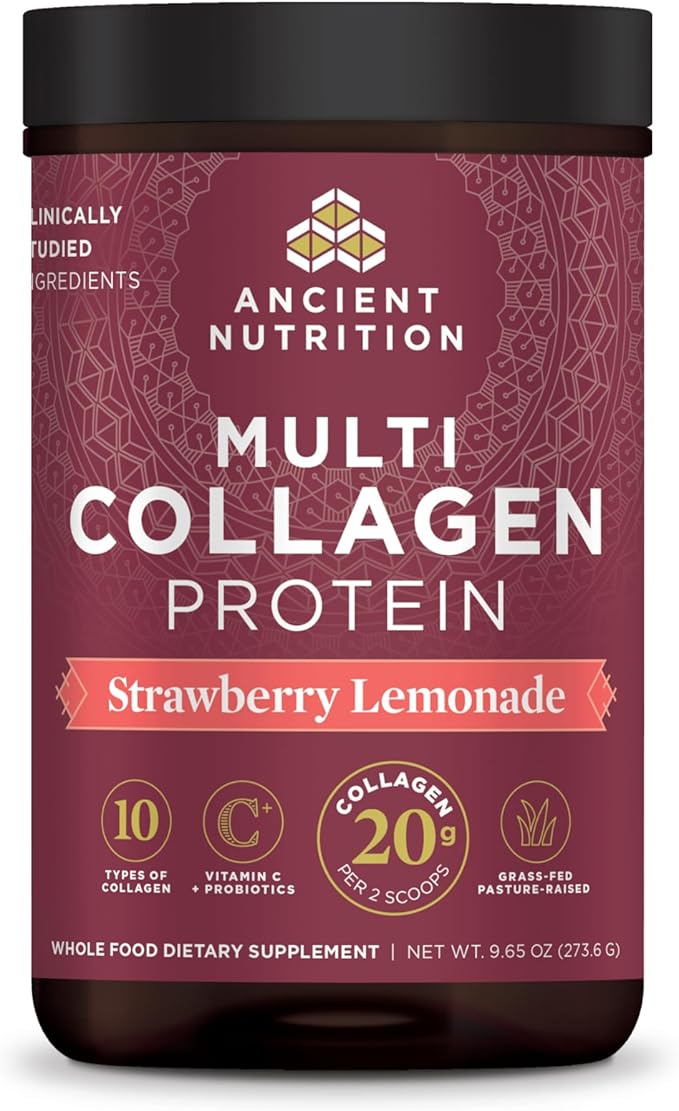 Ancient Nutrition Collagen Powder Protein, Multi Collagen Protein Powder, Strawberry Lemonade, 24 Servings, w/Vitamin C, Hydrolyzed Collagen Peptides for Skin, Nails, Gut Health and Joints, 9.65oz