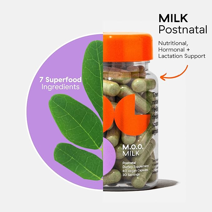 M.O.O. Postnatal Vitamins with Lactation Support - Postpartum Recovery, Lactation Supplement for Breastfeeding Women, 7-Ingredient Superfood Postnatal Formula, Overcomes Hormonal Balance | 60 Capsules