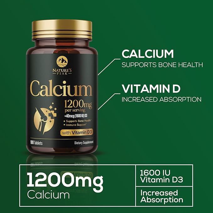 Calcium 1200 mg with Vitamin D3, Calcium Supplement Vitamins, Bone, Teeth & Immune Health Support, Calcium Supplements with D for Women & Men, Nature's Absorbable Calcium Carbonate - 180 Tablets