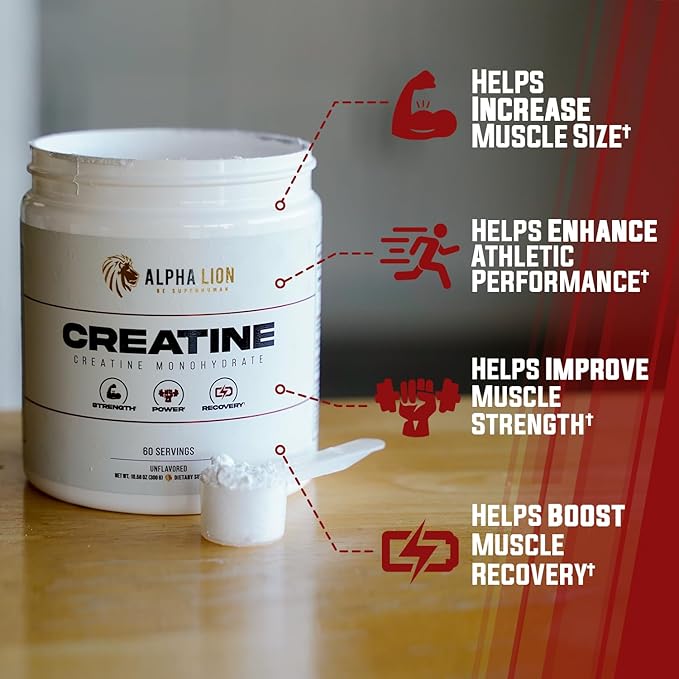 ALPHA LION Creatine Monohydrate Powder, 5000mg Per Serving (5g), Supports Muscle Strength, Power, Athletic Performance, Pure Creatine Supplement (60 Servings, Unflavored)