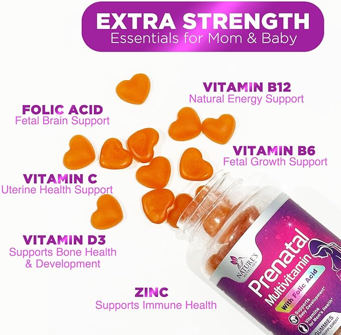 Prenatal Gummy with Folic Acid, Prenatal Vitamins and Minerals for Fetal Support, Vitamin A, C, D3, B12, B6 & Folate, Prenatal Multivitamin for Pregnant & Nursing Women - 120 Gummies, 60 Day Supply