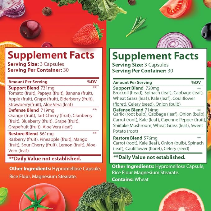 Fruits and Veggies Supplement - 90 Fruit and 90 Vegetable Capsules - 100% Whole Natural Superfood - Filled with Vitamins and Minerals - Supports Energy Levels (1 Pack)