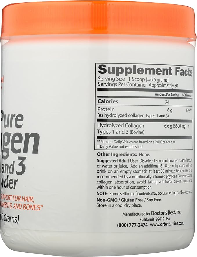 Doctor's Best Pure Collagen Types 1 & 3, Promotes Healthy Skin Hair & Nails – Bone & Joint Support, 7.1 Ounce (Pack of 1)