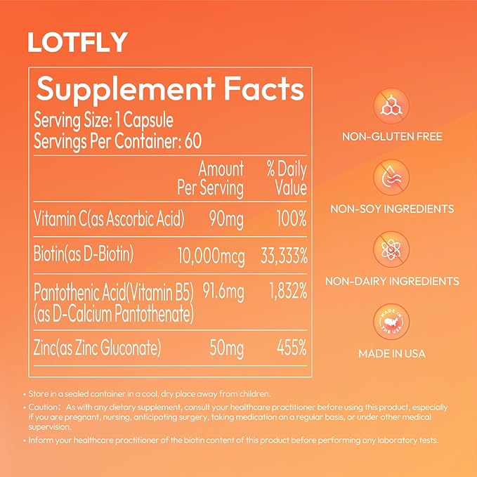 Biotin 10000 mcg with Zinc, Vitamin C & Calcium Pantothenate – Supports Healthy Hair Growth, Strong Nails & Glowing Skin for Women & Men | Made in The USA | 60 Vegan Capsules (60-Day Supply)
