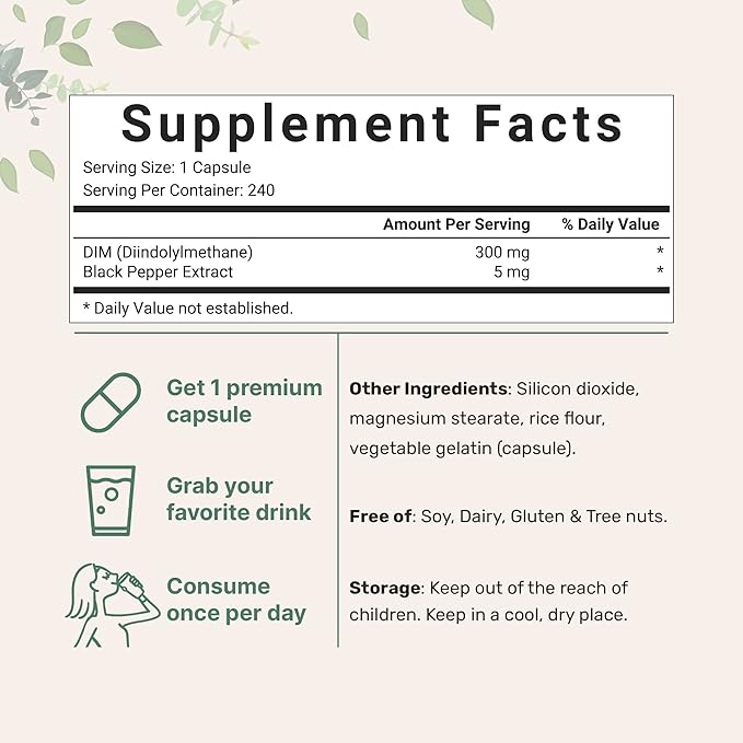DIM Active Supplement, DIM 300mg, 240 Veggie Capsules (8-Month Supply), 2 in 1 Formula, Estrogen Metabolism, Premium DIM-Plus Broccoli Extract Supplement With Black Pepper for Better Absorption