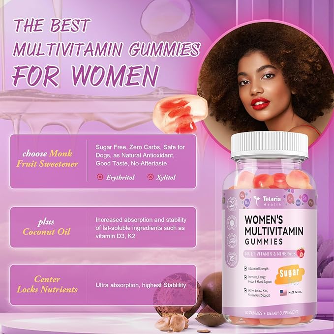 Sugar Free Multivitamin Gummies for Women 14+ w/Inositol, Iron, Folate, Biotin, 30 Day Supply, Vegetarian, Gummy Vitamins for Women | Sugar Free