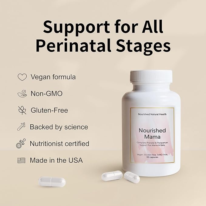 Nourished Mama Prenatal Multi Vitamin - Vegan Multivitamin for Preconception, Pregnancy, Postpartum and Breastfeeding Support - Iron-Free with Methylated Folate & High Dose Choline - 1 Bottle