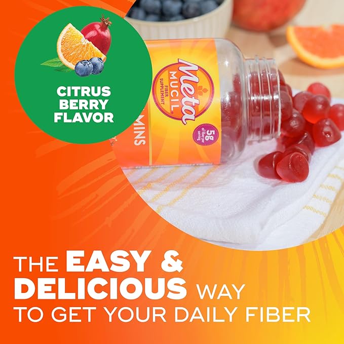 Metamucil Fiber Gummies for Adults with Vitamins C, D, B12 for Metabolism, No Sugar Added Citrus Berry Flavor, 5g Plant Based Prebiotic Fiber Supplement Blend, 120 Count