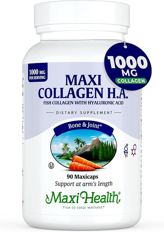 Maxi Health Collagen with Hyaluronic Acid - Type I Fish Collagen Protein for Women and Men (90 Count (Pack of 1), Unflavored Capsule)