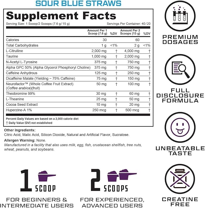 Prevail Pre Workout Powder with Nootropics: Best Pre Workout for Men and Women, Cutting Edge Energy and Focus Supplement with L Citrulline, Alpha GPC, L Tyrosine | Sour Blue Razz, 40 Scoops