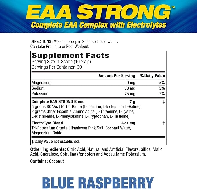 Maximum Human Performance Mhp Eaa Strong, Amino Acid Supplements, All 9 Essential Amino Acids, Bcaas, Electrolytes, Blue Raspberry, 1.2 Pound