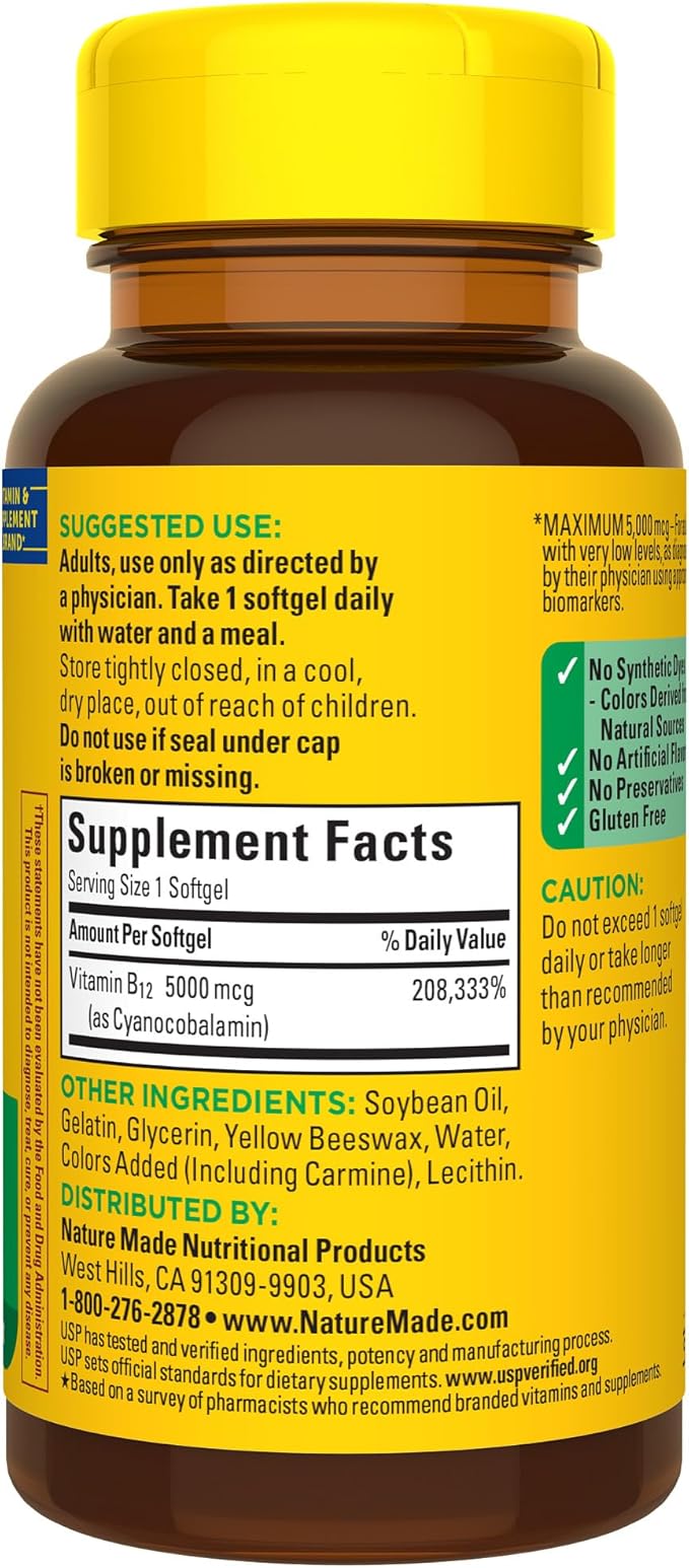 Nature Made Maximum Strength Vitamin B12 5000 mcg, Dietary Supplement for Energy Metabolism Support, 60 Softgels, 60 Day Supply