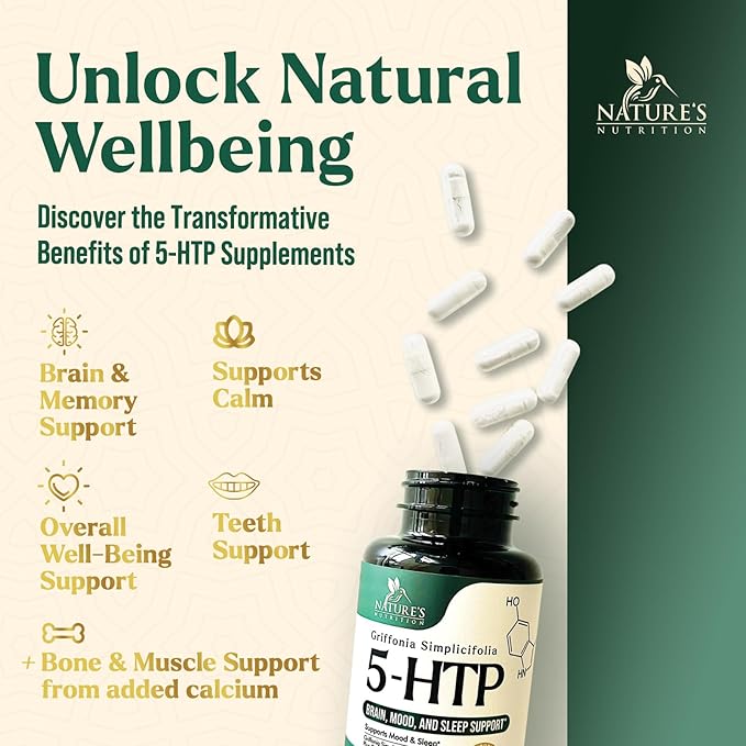 5 HTP Supplement Vegetarian Capsules 200mg 5HTP Plus Calcium for Brain Support - Extra Strength Griffonia Simplicifolia 5-HTP Formula - 5 Hydroxytryptophan - Gluten Free & Non-GMO - 60 Capsules