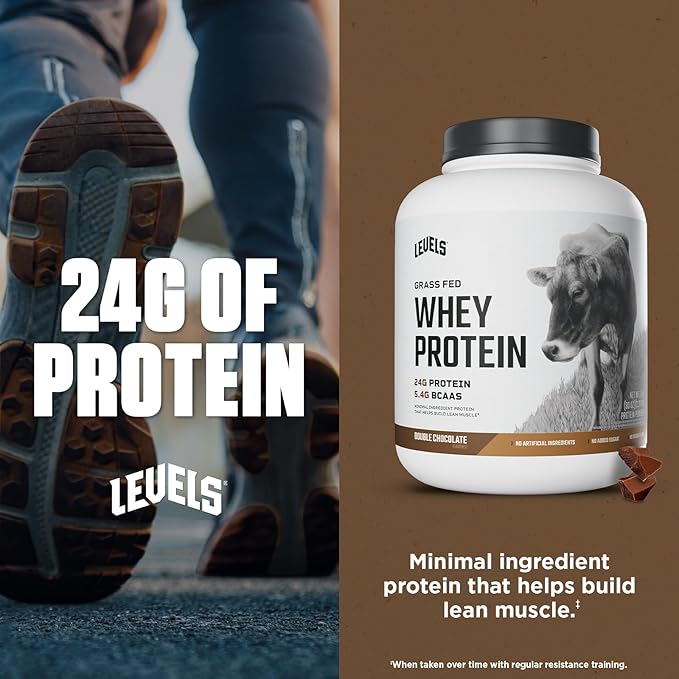 Levels Grass Fed Whey Protein Powder, No Artificials, 24G of Protein, Double Chocolate, 5LB