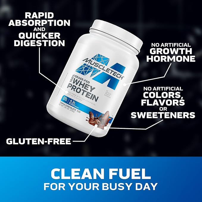 Muscletech Grass-Fed Whey Protein Powder (Triple Chocolate, 1.8LB) - Whey Protein Smoothie & Milk Shake Mix Supports Muscle Gain & Recovery - 20g of Whey Protein for Women & Men - Non-GMO, Gluten-Free