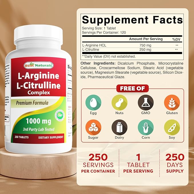 Best Naturals L-Arginine L-Citrulline Complex 1000 mg 250 Tablets (250 Count (Pack of 3))