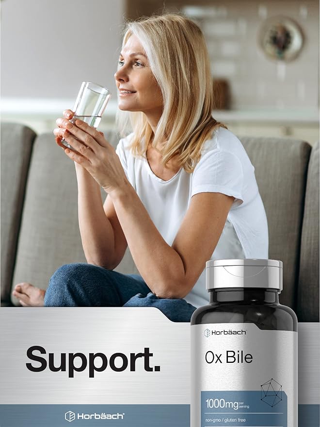 Horbäach Ox Bile Supplement | 1000mg | 100 Capsules | Digestive Enzymes Supplement | Non-GMO & Gluten Free