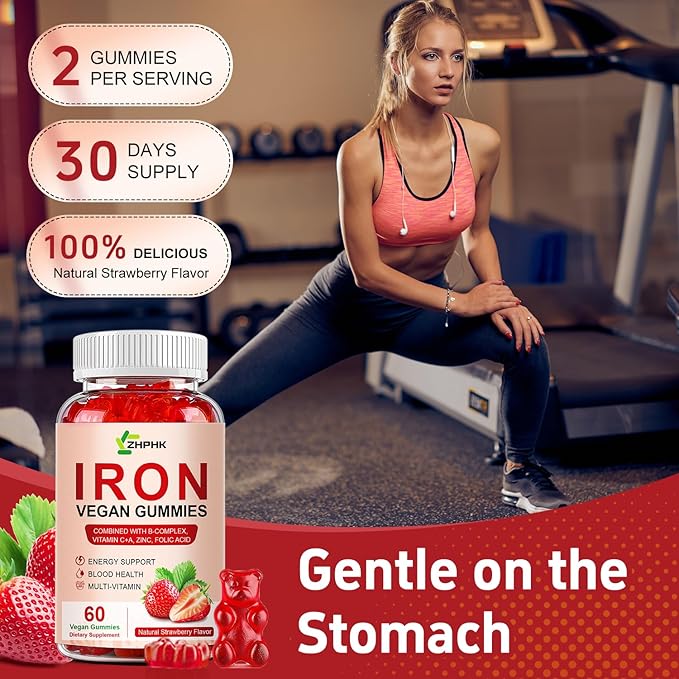Iron Supplement Gummies for Women, Men & Kids, 65mg Iron & 250mg Vitamin C per Serving - Blood Builder & Immune Support Iron Vitamin Iron Gummy Vitamin with Folate, 2 Pack