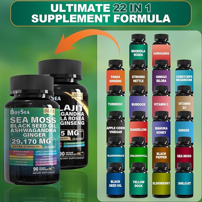 Boysea.sea Moss and shilajit Bundle - 90 Count - Sea Moss 7000mg, Black Seed Oil 4000mg, Ashwagandha 2000mg, Ginger & Shilajit 9000mg, Rhodiola Rosea 1000mg, All in 1 Supplements (3 Pack)