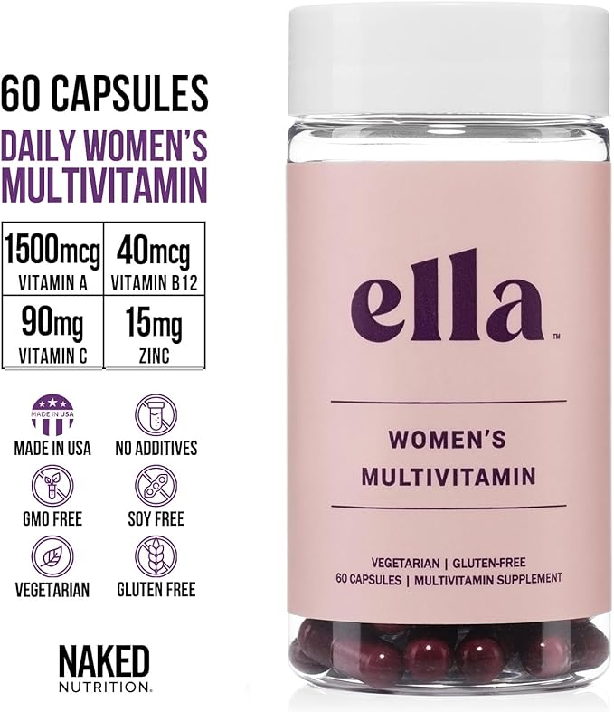 Ella Women's Multi - Daily Multivitamin - Vitamins A, C, E, Selenium, Zinc, Fruit and Super Green Extracts, to Boost Immune Support - Gluten-Free and Vegetarian Vitamins, 60 Capsules