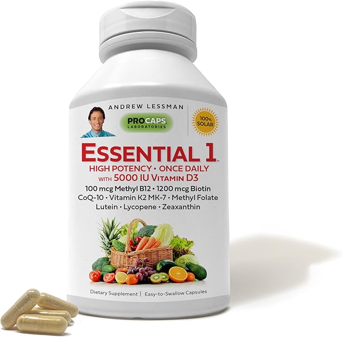 ANDREW LESSMAN Essential-1 Multivitamin 5000 IU Vitamin D3 180 Small Capsules – 100 mcg Methyl B12. CoQ10 Lutein Lycopene Zeaxanthin. High Potency. No Additives. Gentle Ultra-Mild. One Daily Capsule