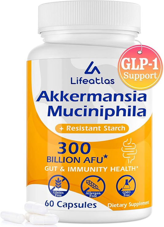 GLP-1 Supplement | 300 Billion AFU Akkermansia Muciniphila, Akkermansia Probiotic for Women Men, Akka Superbiotics for GLP-1 Production, Digestive, Gut, Immunity, Enhances Gut Lining Function, 60 Caps