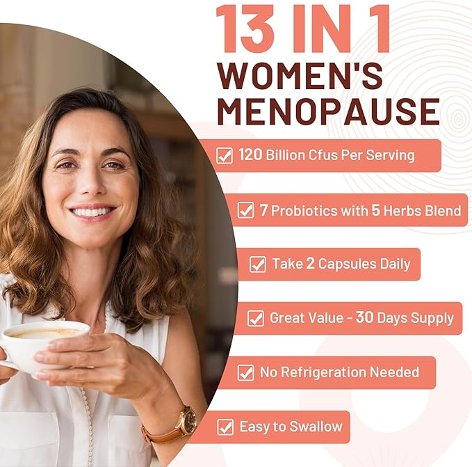 Menopause supplements for women, 120 Billion CFU Probiotic, 13-in-1 Herbs & Botanicals Complex, for Hormone Menopause, Hot Flashes, Night Sweats, Mood Swings, Sleep Disturbances, Vegan, 240 Capsules