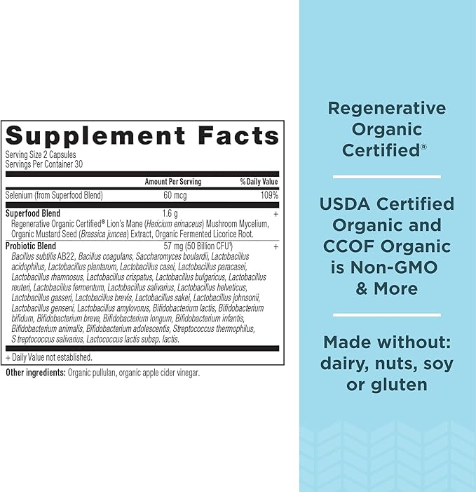 Ancient Nutrition Regenerative Organic Certified Probiotics for Gut Recovery, Probiotics Gut Recovery, for Healthy Digestion and Immune System Function Support, 50 Billion CFUs* Per Serving, 60 Count