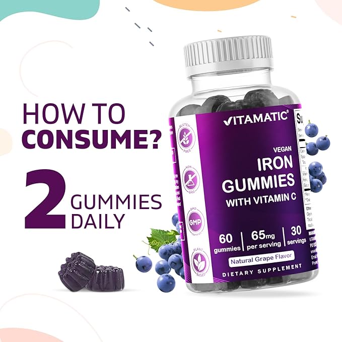 Vitamatic Iron 65 mg Gummies Supplement for Women & Men - 60 Vegan Gummies - Great Tasting Iron Gummy Vitamins with Vitamin C (2)