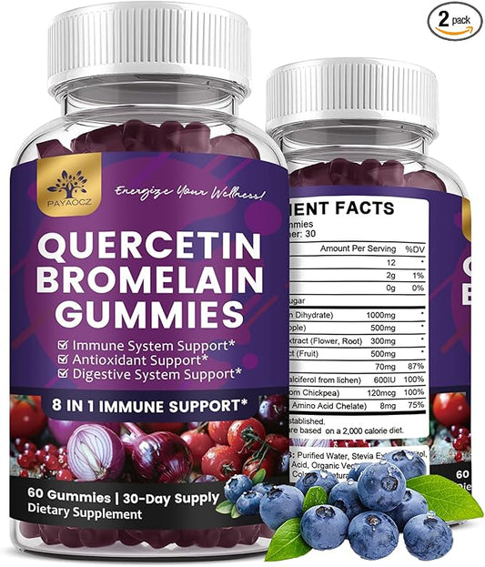 (2 Pack) Quercetin Gummies with Bromelain Zinc Elderberry Vitamin C D3 K2, Quercetin 1000mg Supplement with Bromelain 500mg for Cardiovascular, Immune System & Allergy, Vegan Gummy for Adult & Kid