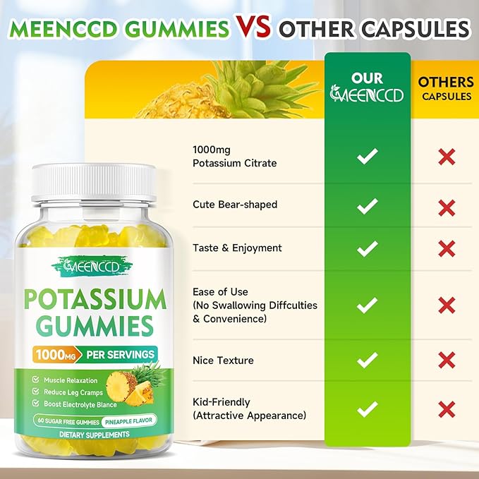 Potassium Citrate Gummies 1000mg, High Potency Potassium Supplement Gummies for Adults Women & Men, Potassium Gummies Support Leg Cramps & Muscle Health, Sugar-Free, Pineapple Flavor, 120 Count