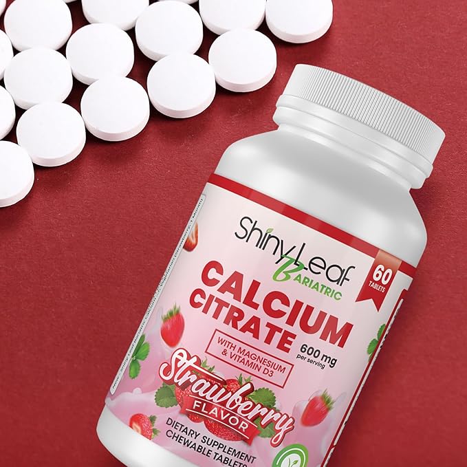 Shiny Leaf Bariatric Calcium Citrate 600mg - Supplement for Bariatric Surgery Patients, 60 Ct Chewable Tablets with Magnesium, Vitamin D3, Natural Strawberry Flavor, Vegetarian (1 Month)