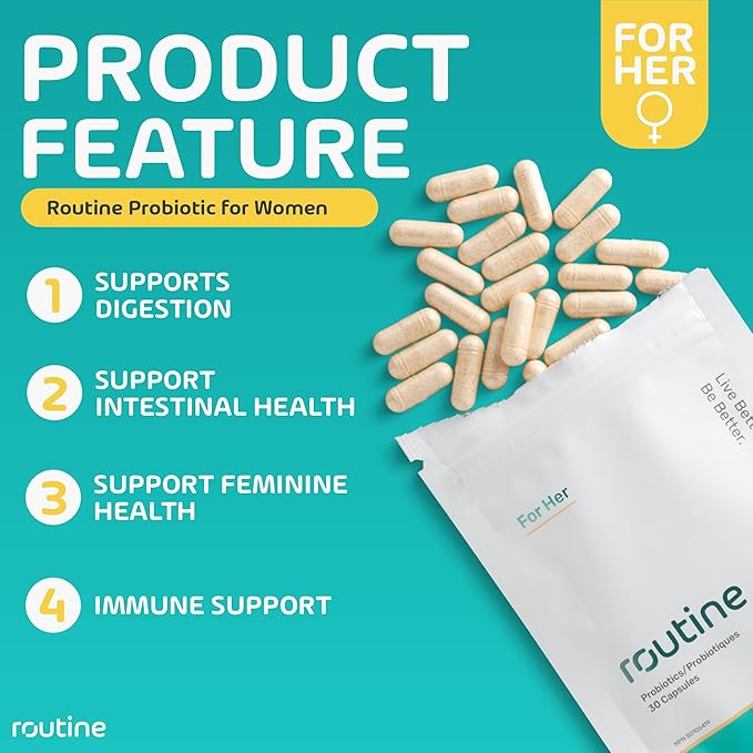 Routine Women's Daily Probiotics for Digestive and Feminine Health - 24 Billion CFU 30 Capsules - Dairy Free Organic Probiotics for Women - Free Glass Jar