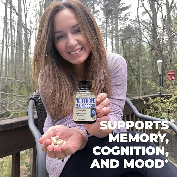 Nootropics Brain Support Supplement - Nootropic Brain Booster for Improved Focus, Concentration & Memory. Brain Nootropic for Brain Health, Mood & Energy Support. Non-GMO. Made in the USA. 60 Capsules