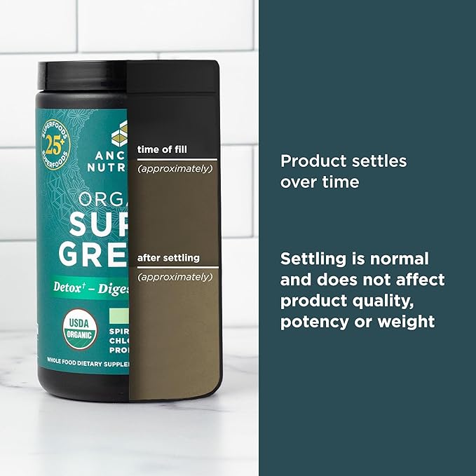 Ancient Nutrition SuperGreens Powder with Probiotics, Organic Peppermint Flavor Greens, Made from Real Fruits, Vegetables and Herbs, Digestive and Energy Support, 25 Servings, 7.23oz