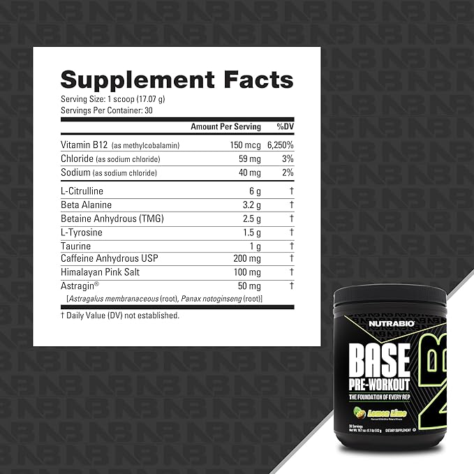 NutraBio Base Pre-Workout Sports Nutrition Powder - Sustained Energy, Mental Focus, Endurance, Hydration - Preworkout for Men and Women - Increase Energy- 30 Servings - Lemon Lime