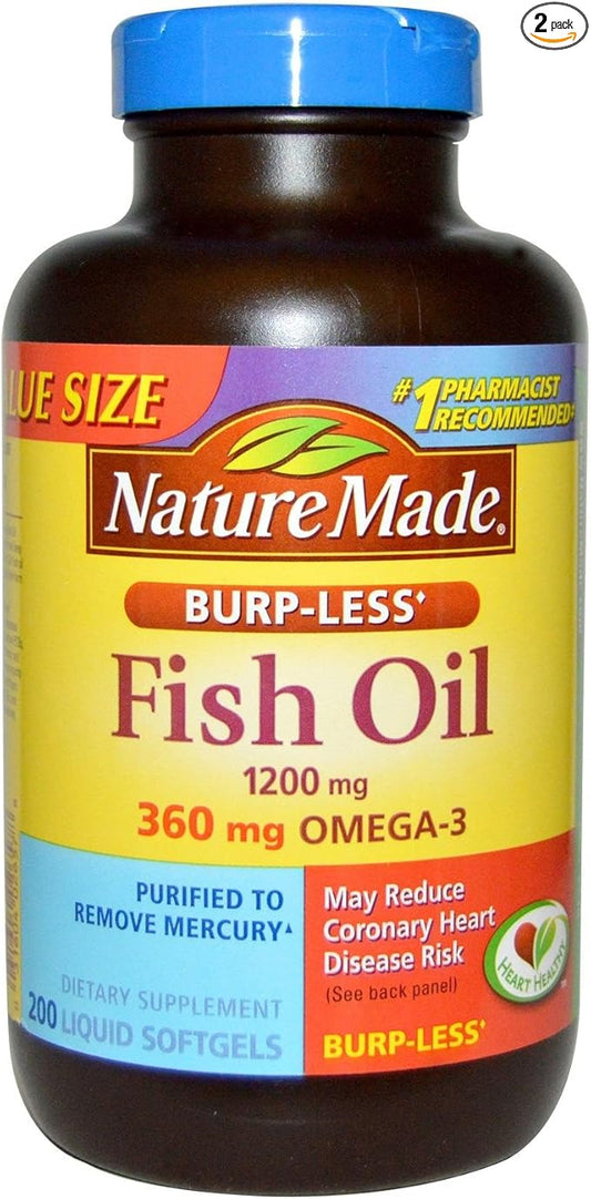 Nature Made Burp-Less Fish Oil 1200mg, 360mg Omega-3, Liquid Softgels 200 ea (Pack of 2)