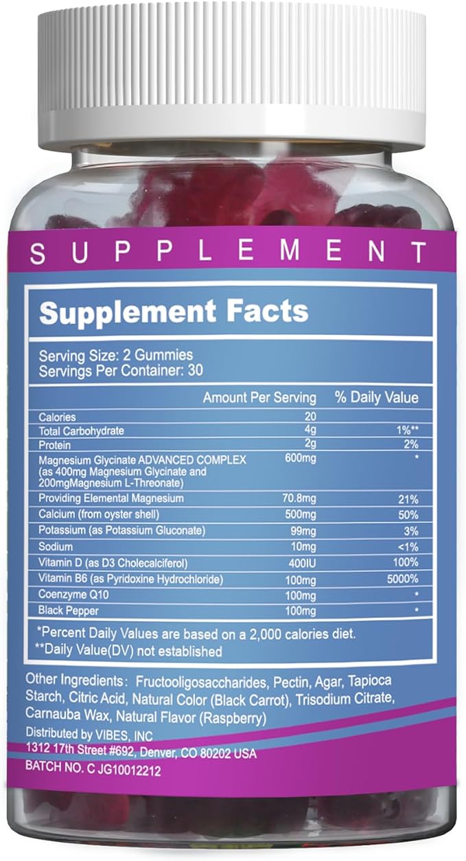 Magnesium Glycinate Gummies 400mg with L-Threonate 200mg - Sugar-Free Magnesium Potassium Supplement with Vitamin D, B6, CoQ10 for Muscle - 120 Mixed Berry Flavored Gummies
