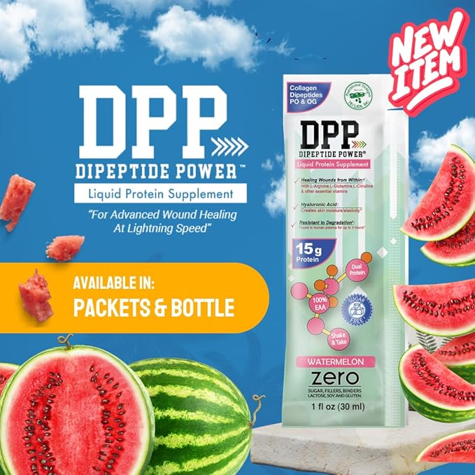 Nutritional Designs DPP Dipeptide Power Liquid Collagen & Whey Protein Supplement, Sugar-Free, Promotes Healthy Skin & Hair for Men & Women, Watermelon, Single Serve Packet, 1 oz (100 Packets)
