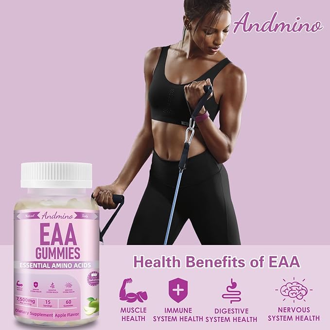 EAA Gummies 7500 mg, BCAA Gummies with Trehalose, Amino Acids Supplement for Muscle, Immune, Nervous & Digestive Health, for Adults & Kids, Non-GMO, Vegan, Gluten Free, Apple Flavor, 120