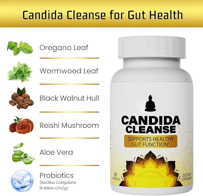Candida Cleanse - Gut & Colon Support,Advanced Probiotic & Herbal Formula for Intestinal Detox,Anti Yeast Overgrowth - Oregano Leaf, Wormwood, Black Walnut, Caprylic Acid（60 Capsules） A1