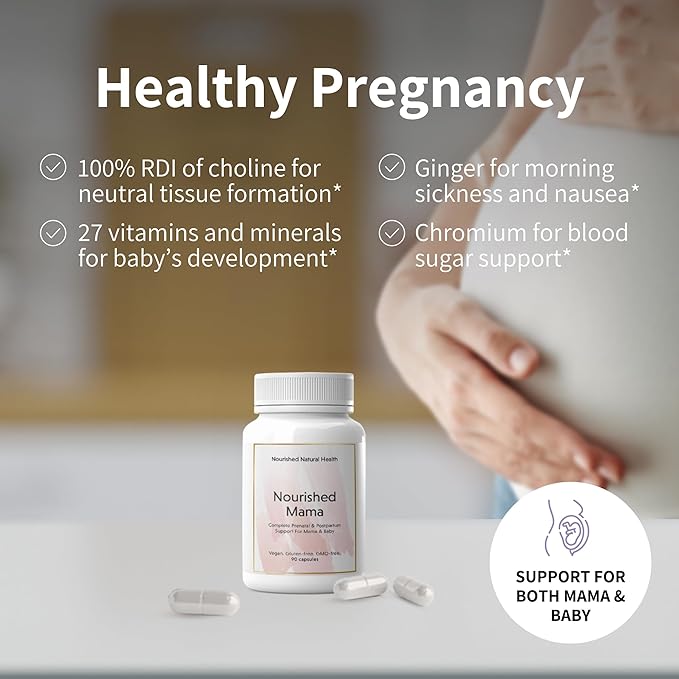 Nourished Mama Prenatal Multi Vitamin - Vegan Multivitamin for Preconception, Pregnancy, Postpartum and Breastfeeding Support - Iron-Free with Methylated Folate & High Dose Choline - 1 Bottle